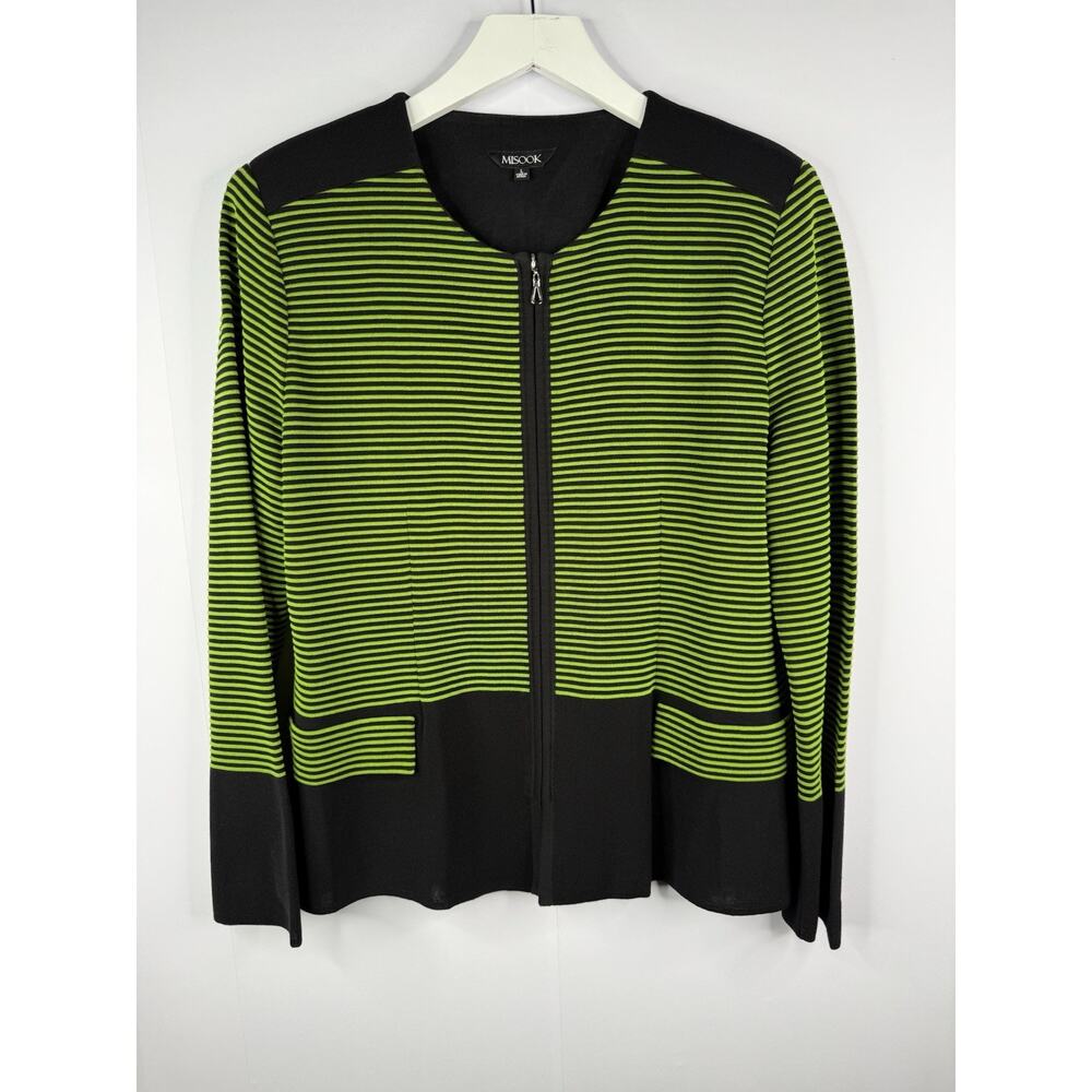 Misook Zip Front Cardigan Womens Sz‎ L Green Black Stripe Contemporary Mature